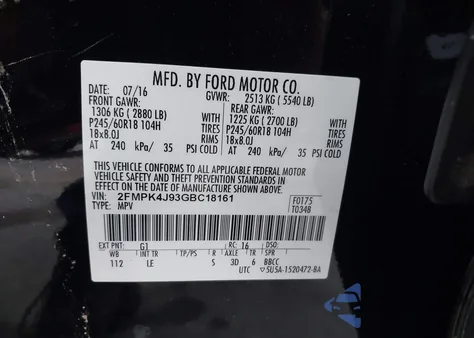 2016 Ford Edge Sel z USA, uszkodzony, nr VIN 2FMPK4J93GBC18161